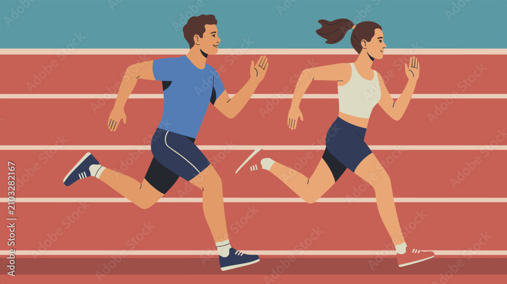 Obraz premium Man and woman running together on an athletic track showcasing sports training, fitness lifestyle, and race competition.