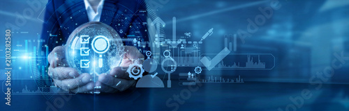 Foto Quality inspector hold global and Assessment evaluation network analyzing core performance worldwide ensuring accurate data conclusions