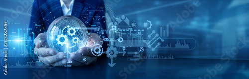Tableau sur toile Robotics engineer hold global and Automation production network optimizing workflow activities worldwide ensuring faster data integrations