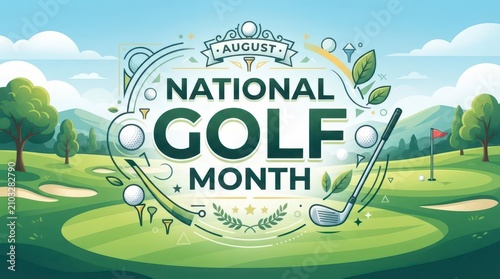 National Golf Month illustration with golf clubs and ball