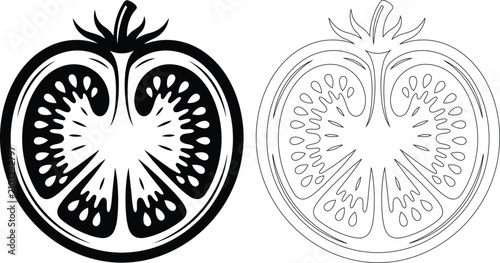 Sliced tomato half vegetable icon silhouette and outline with cross section vegetable silhouette illustration ingredient