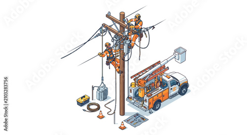 Electrical Linemen Working On Utility Pole Detailed Vector Illustration