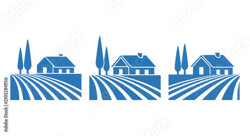Rows of blue farmhouses and fields create a tranquil countryside landscape in a threefold scenic scene.