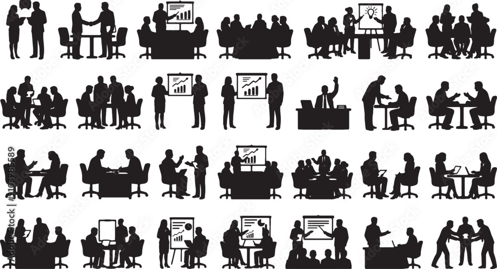 Fototapeta premium Set of business people silhouette icons working in office meeting room scenes
