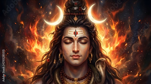 Majestic digital painting portrait of the Hindu deity Shiva, a divine god of spirituality and religion, in mystical