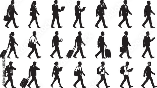 Set of black silhouettes of business people walking and traveling in office