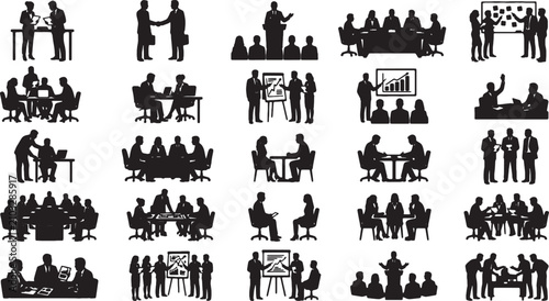 Set of black business meeting silhouettes showing teamwork and office work