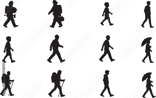 Set of black silhouettes of people walking in various daily life situations