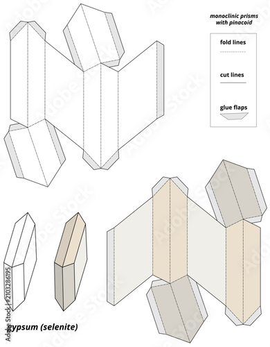 Konstfotografi 3D paper model template of a monoclinic prisms with pinacoid gypsum crystal habit
