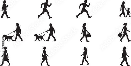 Set of black silhouettes of people walking running and walking dogs in profile