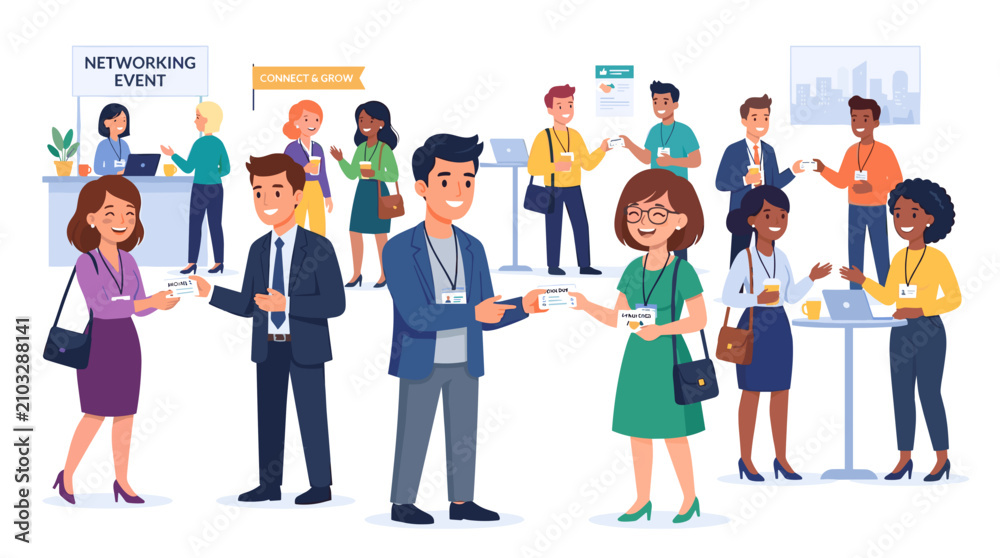 Obraz premium Diverse professionals networking and exchanging business cards at a conference event with connect and grow banner
