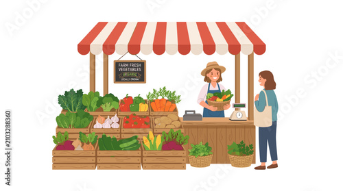 Vector illustration of a farmer selling fresh organic vegetables at a market stall to a customer