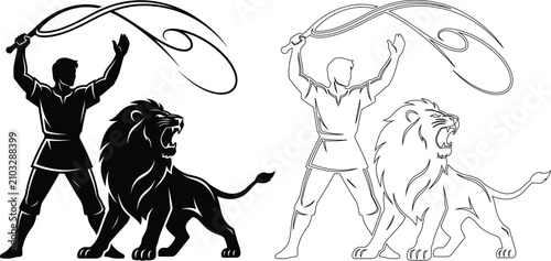 Circus lion tamer with whip and lion silhouette icon big cat performer training entertainment performance adventure