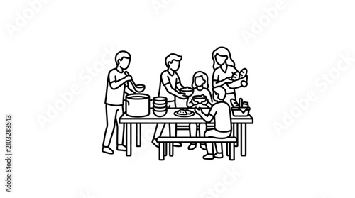 Dynamic Black and White Line Drawing of Family Sharing a Meal Together at a Communal Table with high quality professional line art symbols for modern creative design and digital branding projects