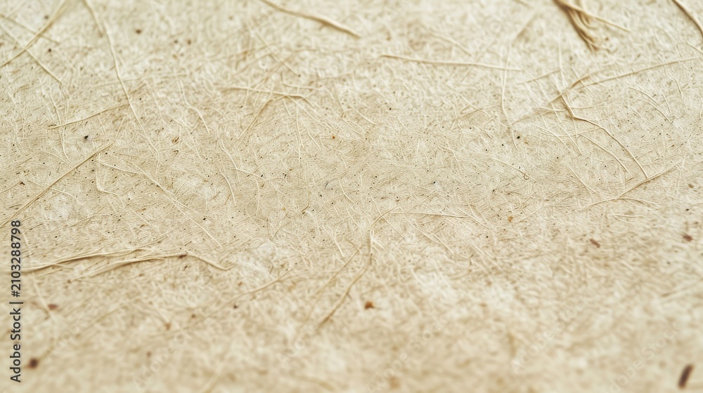 Fototapeta premium Handmade paper features a fibrous, speckled surface with natural organic inclusions.