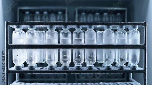 Rows of cold vaccine glass vials on a metal shelf inside a deep freeze industrial storage unit medical pharmaceutical