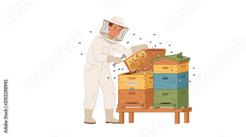 Beekeeper in protective suit tending to colorful beehives with bees flying around in a vector illustration
