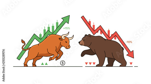 Bull and Bear Market Trend Illustration with Upward and Downward Stock Charts and Percentage Gains and Losses