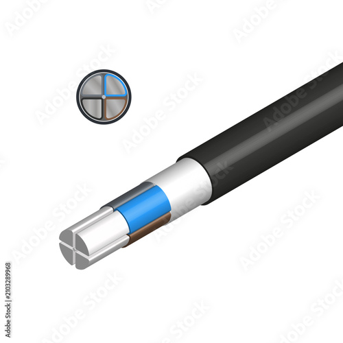 Isometric vector illustration of a four core aluminum power cable with insulated conductors and black outer sheath. Part one