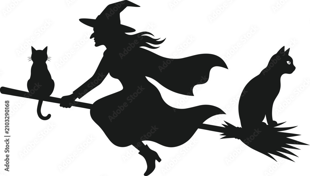 Fototapeta premium Happy halloween day silhouette of a witch flying on a broom with black cats