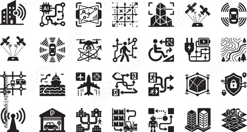 Fotografie Black Solid Technology Icons for Autonomous Vehicle Drone Delivery Satellite Tra