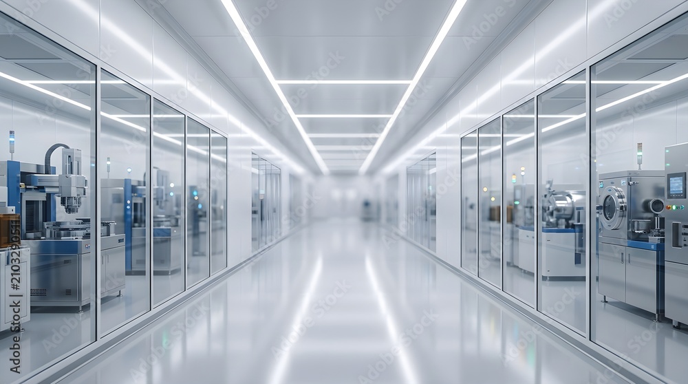 Fototapeta premium Modern Sterile Cleanroom Corridor in Pharmaceutical Manufacturing Facility with Laboratory Equipment behind Glass.
