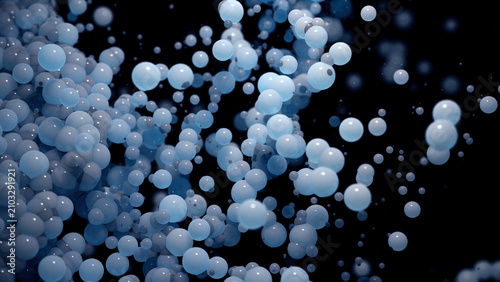 Obraz na plátne Blue spheres floating and clustering in space with soft highlights, set against a dark background with scattered smaller particles