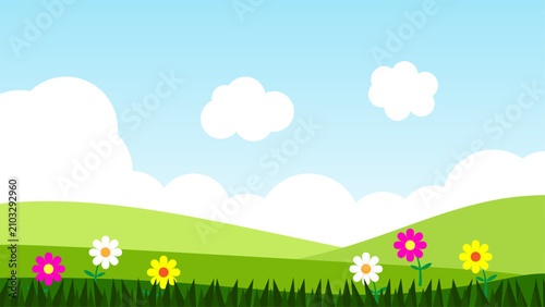 Foto Cheerful colorful flowers and lush green grass adorn rolling hills under a bright blue sky with fluffy white clouds, creating a vibrant and idyllic spring or summer natural landscape background