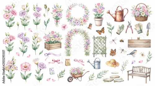 Watercolor Spring Garden Elements Collection Featuring Floral Arrangements and Charming Decorative Gardening Accessories