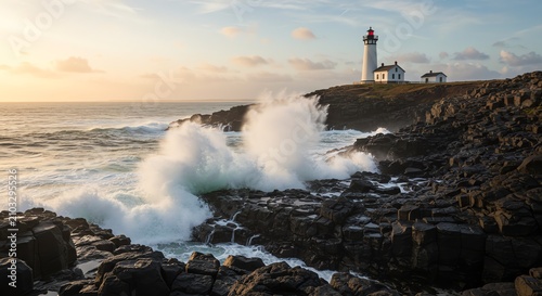 Scenic Lighthouse Standing Over Crashing Ocean Waves At Golden Hour