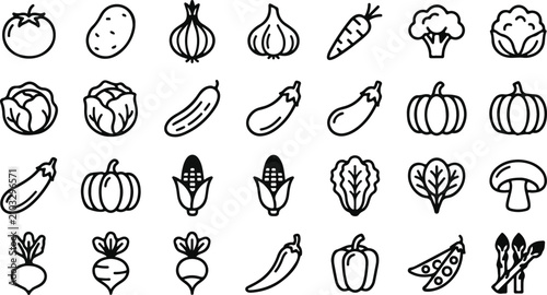 Bild auf Leinwand Vegetable Collection Black Line Icons On White Background For Culinary And Dieta