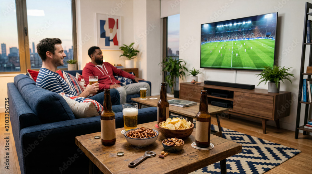 Fototapeta premium Two men watching football match on television in living room with snacks and drinks