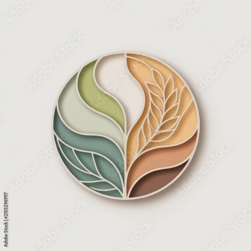 Circular paper cut style emblem showcasing abstract leaves and wheat in harmonious natural colors