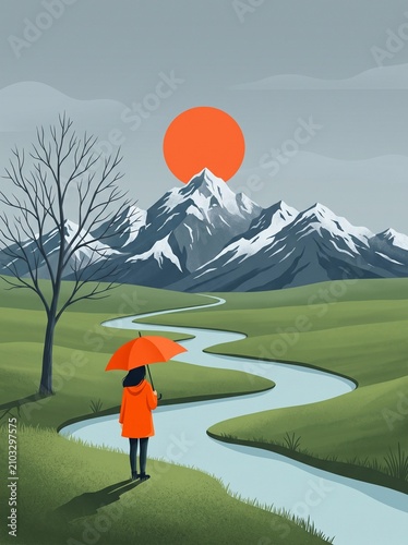 Woman with orange umbrella explores beautiful winding river landscape at sunset