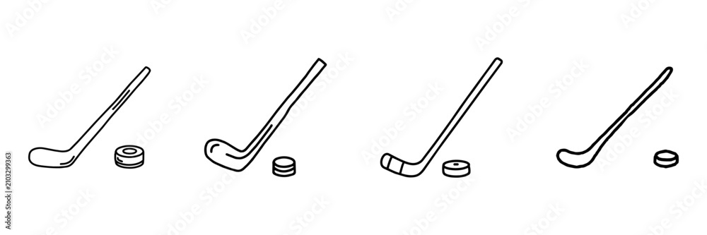 Obraz premium Hockey Stick And Puck Hand Drawn Doodle Icon Set. Ice Hockey Equipment, Game Play And Sports Training Sketch Symbol Collection. Sports And Recreation. Isolated Vector Illustration