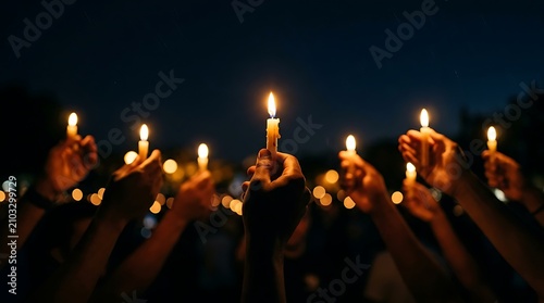 Many hands holding burning candles during a candlelight vigil for International Day of Peace to represent hope and global unity in a cinematic night setting