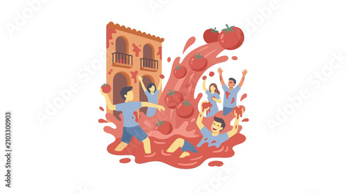 People Throwing Tomatoes During a Festival, La Tomatina Celebration Illustration