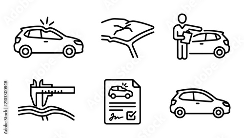 Car Inspection Icons: Vehicle Check, Damage Assessment, Quality Control, Automotive Service, Repair, Vector Set