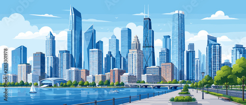 Modern City Skyline Banner with Urban Architecture, Downtown Skyline and Waterfront Business District