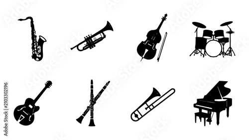 Foto Vector Icons: Jazz Band Instruments Set, Saxophone, Trumpet, Bass, Drums, Guitar