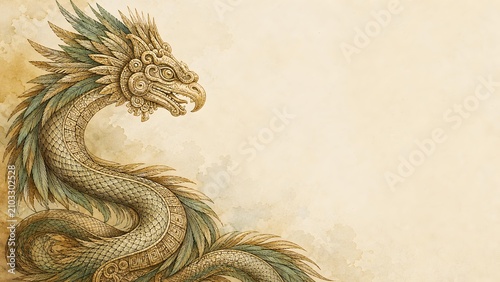 Ancient Aztec Quetzalcoatl Line Art Illustration on Parchment with Feathered Serpent Left Side Profile