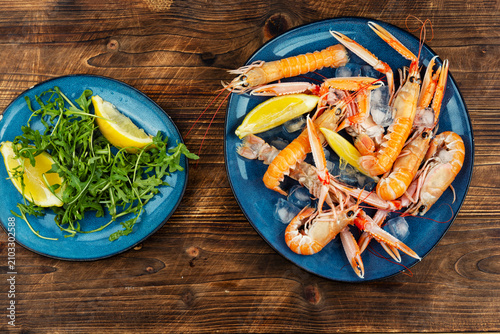 Seafood delicacies, uncooked langoustines.