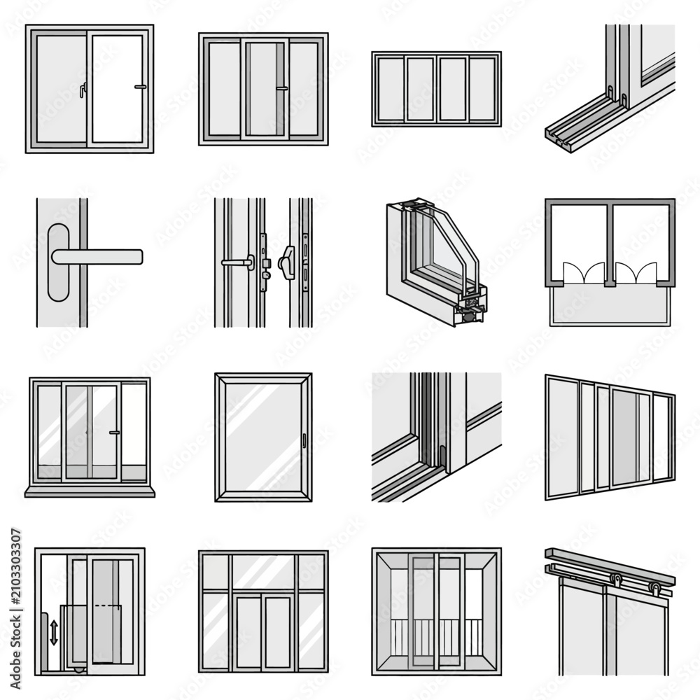 Fototapeta premium Architectural window and door icons with glass frames.