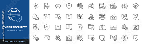 Cybersecurity icon set. Data protection, network security, privacy and digital safety thin line icons. Editable stroke vector illustrations.