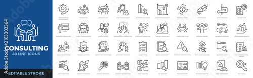 Consulting icon set. Business strategy, management, analysis and corporate growth thin line icons. Editable stroke vector illustrations.