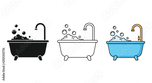 Three Vintage Freestanding Bathtubs in Black, White, and Blue Illustrations.