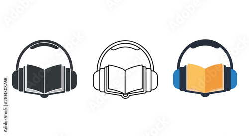 Three color variations of headphones with an open book icon, representing audio learning and study concepts.