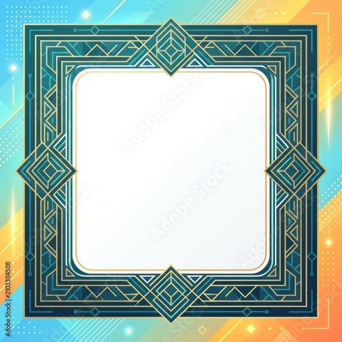 A vibrant, ornate frame with intricate gold and teal designs on a colorful, gradient background