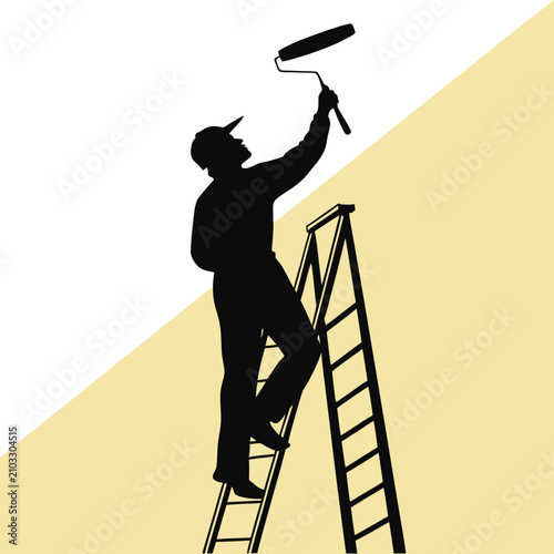 Silhouette of worker painting wall on stepladder with painting