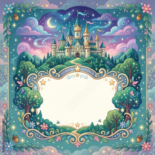 Whimsical illustration of a majestic castle on a hill surrounded by lush greenery and vibrant flowers under a starry night sky with a large empty white space for text